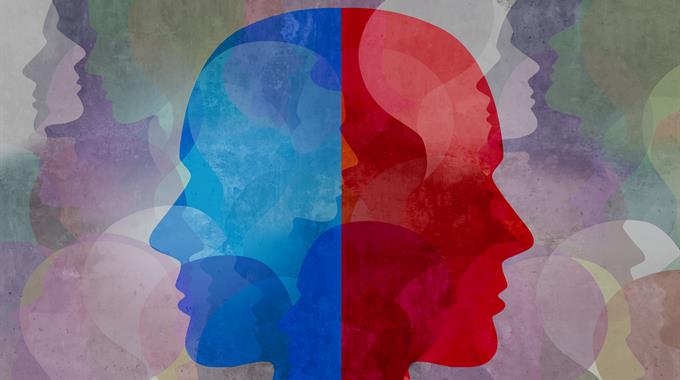 graphic of two heads facing in opposite directions with several more heads behind them